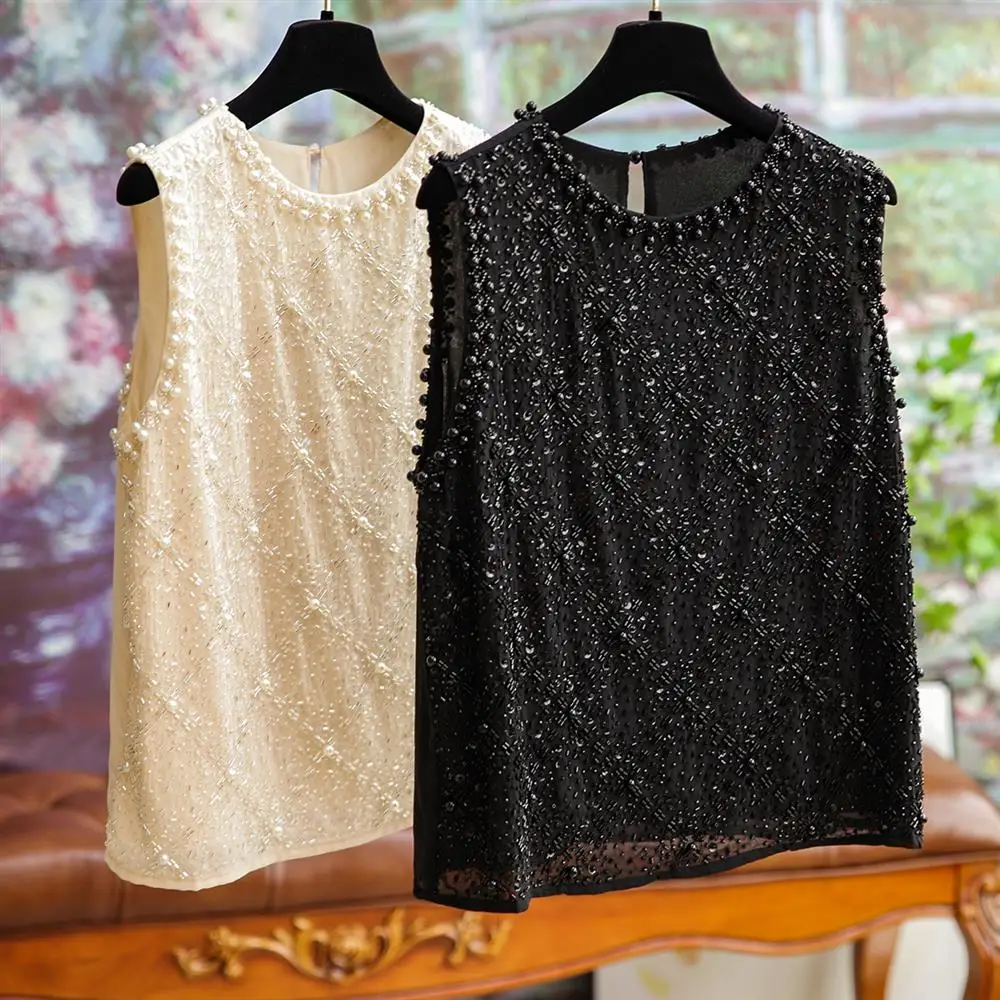 Women Fashion Beading Tank Top Women Sleeveless Chiffon Tops Blusas Top Shirts