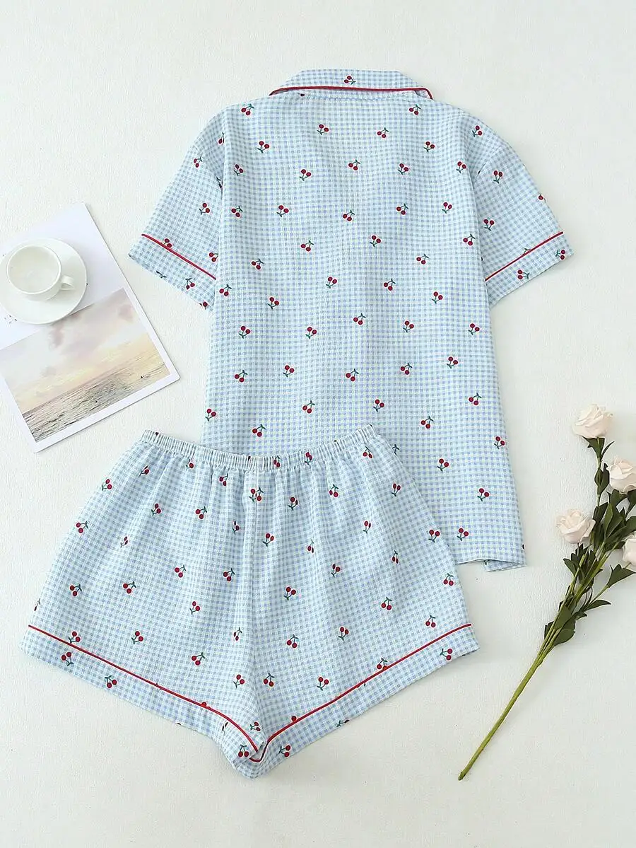 Womens Cherry Print Pajama Set Lapel Collar Short Sleeve Top And Shorts Summer Sleepwear Loungewear Light Blue