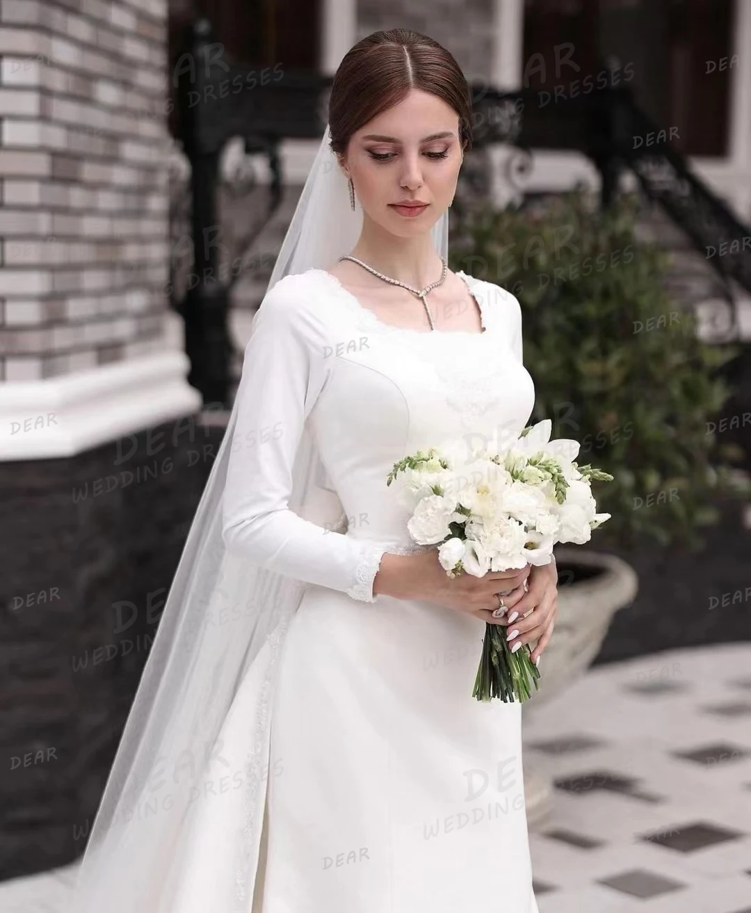 Luxury Long Sleeve Wedding Dresses 2024 Woman's A Line Sexy Square Collar Bridal Gowns Sweep Train Pleat Satin Vestidos De Novia