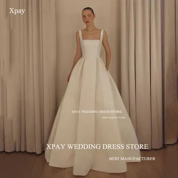 XPAY Abiti da sposa eleganti con scollo quadrato e linea A, spalline larghe, abito da sposa senza maniche, pieghe aperte sul retro, abito da sposa personalizzato
