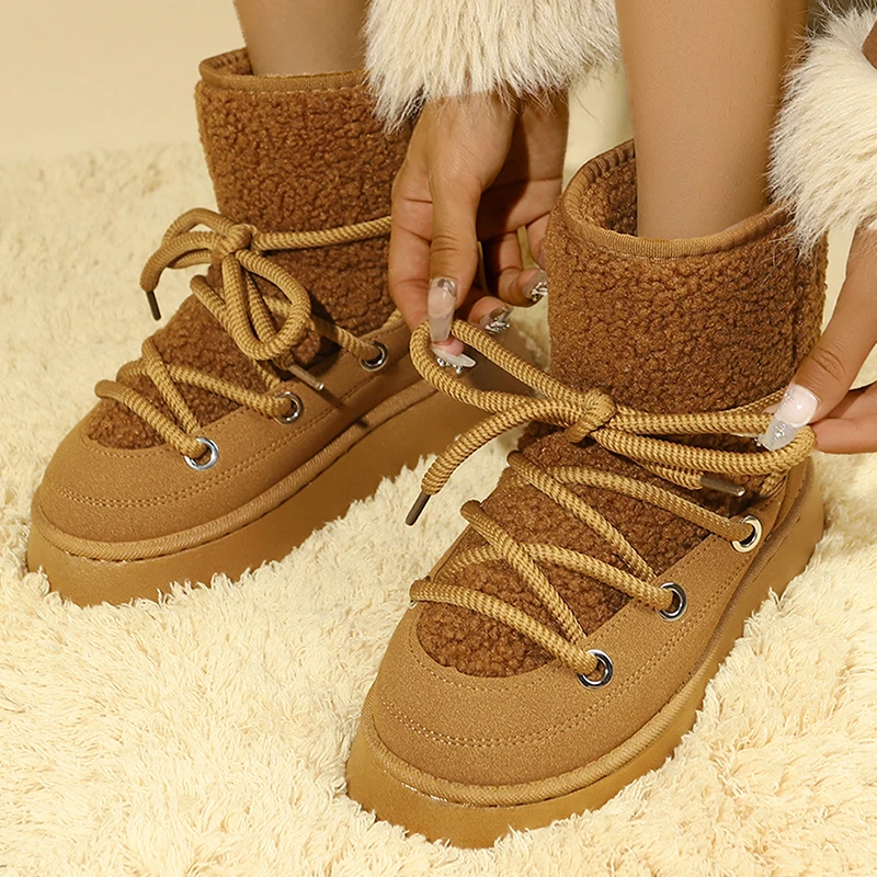 Winter Women Snow Boots Warm Fur Platform Casual Shoes High Quality Plush Boots Lace Up Outdoor High Top Shoes Plus Size 36-43