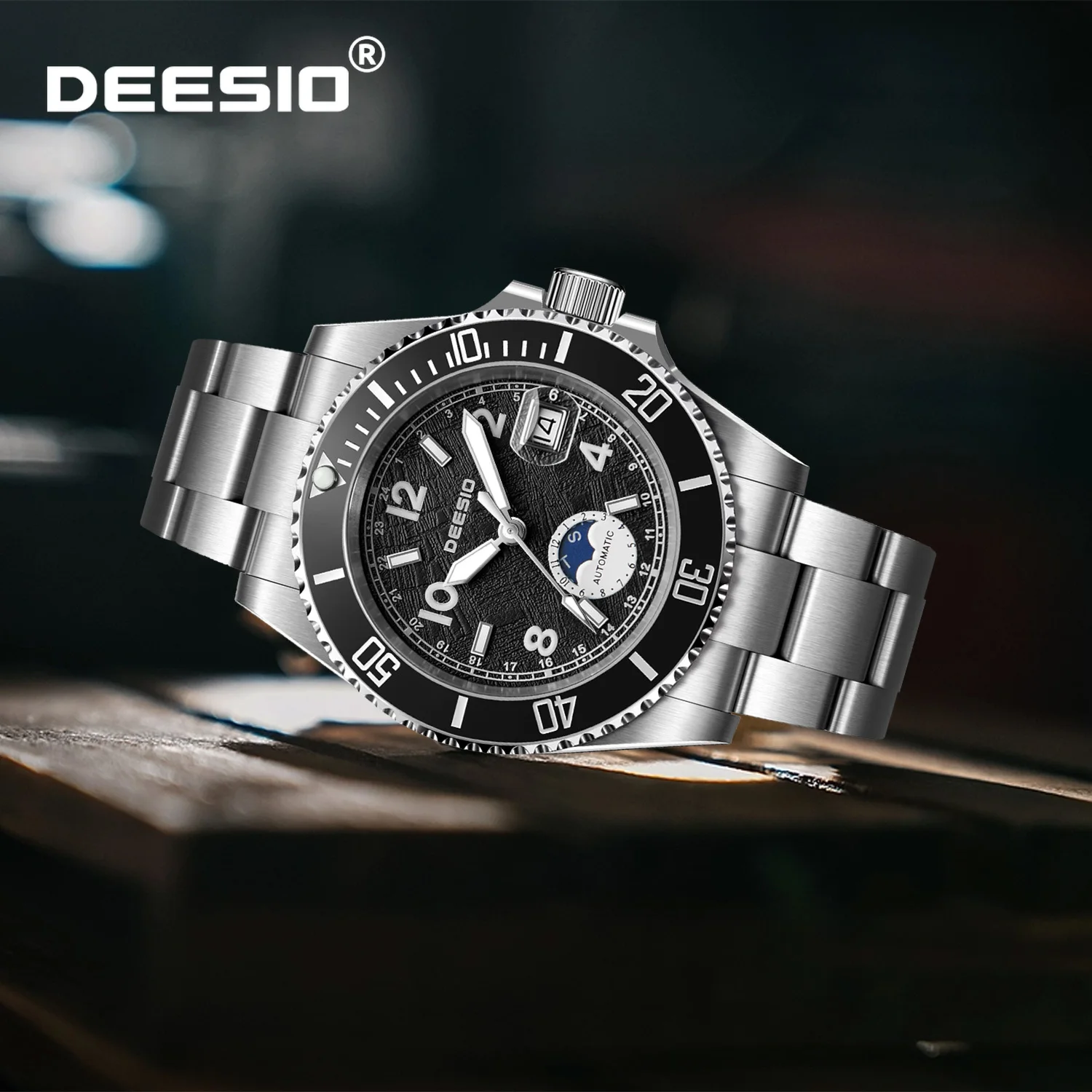 

Deesio мужские автоматические механические часы с сапфировым стеклом из нержавеющей стали, светящиеся часы с датой, неделей и фазой луны, деловые роскошные часы