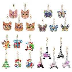 New DIY Keychain Diamond Painting Pendant Diamond Mosaic Embroidery Kit Cute Cat Backpack Ornament Eiffel Tower KeyringGift