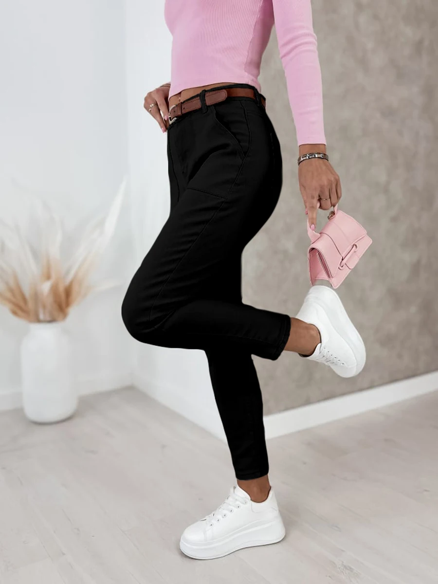 Damen High-Waist Schwarze Hose, Lässige Schmale Skinny Bleistifthose, Modische Stretch-Hose mit Taschen, Streetwear für Frühling und Herbst, Damen-Unterhose – Detail 5