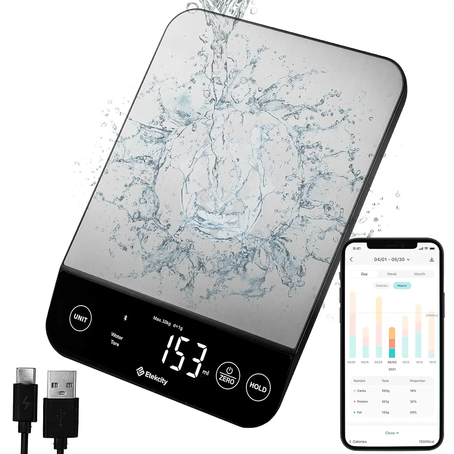 

Smart Food Scale with Calorie Tracking, Waterproof, Rechargeable, Bluetooth, Ounces & Grams, 304 Stainless Steel, 22lb