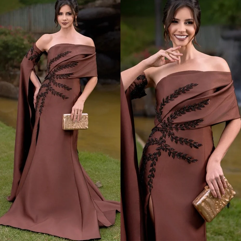 

Customized Modern Brown Satin Evening Dresses Classic Off the Shoulder Homecoming Dresses Temperament Special Occasion Gowns