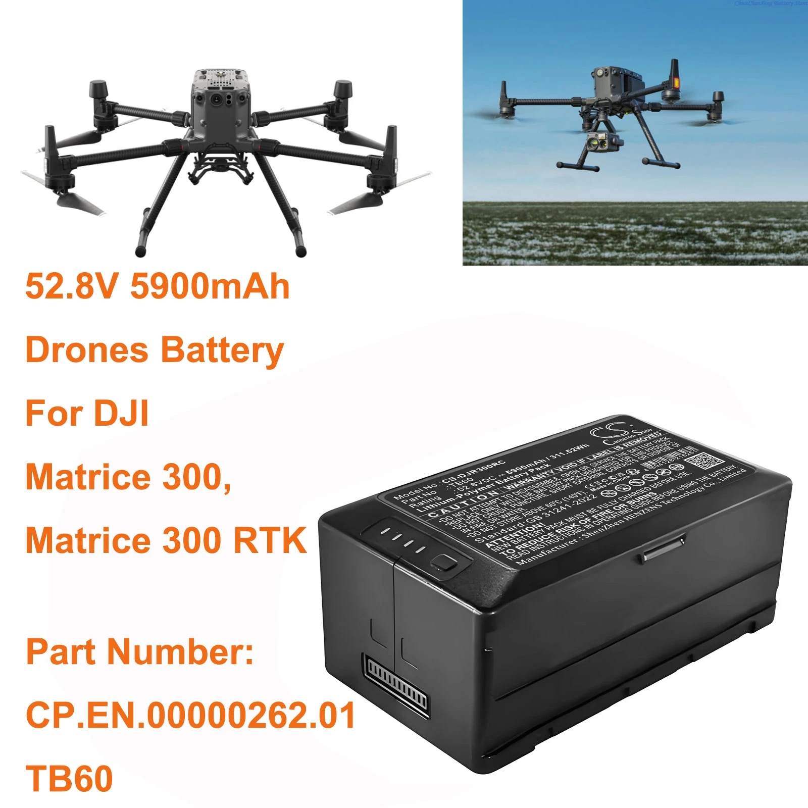 

Cameron Sino 52,8 В 5900 мАч CS-DJR300RC Аккумулятор для дронов CP.EN. 00000262 .01, TB60 для DJI Matrice 300, Matrice 300 RTK