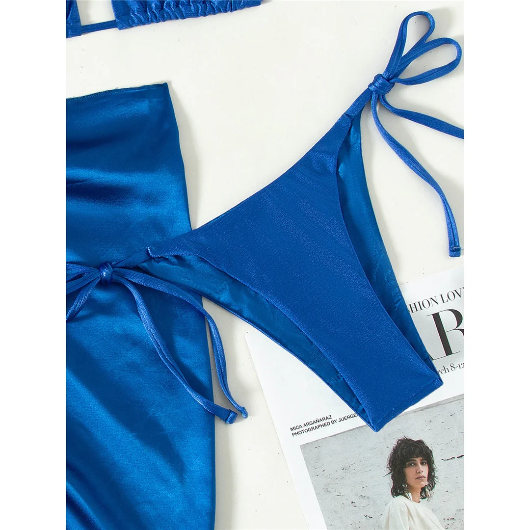 Sexy Neckholder-Bikini mit Sarong, Damen-Badeanzug, dreiteiliges Bikini-Set, gepolsterter Badeanzug, Badebekleidung für Damen, V3243 – Detail 7