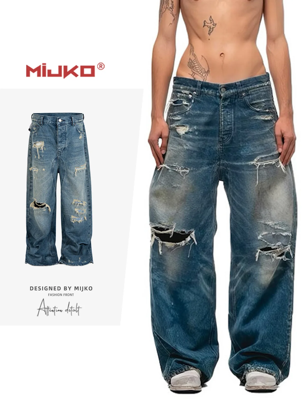 

Джинсы MIJKO TJ164 с эффектом потертости, широкие штанины, синие