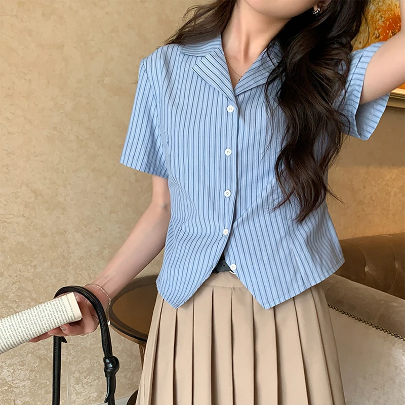 

3 Color New Summer Chic Women Shirt Casual Vertical Stripe Short Sleeve Blouses Femme Vintage Short Suit Polo Crop Top Mujer