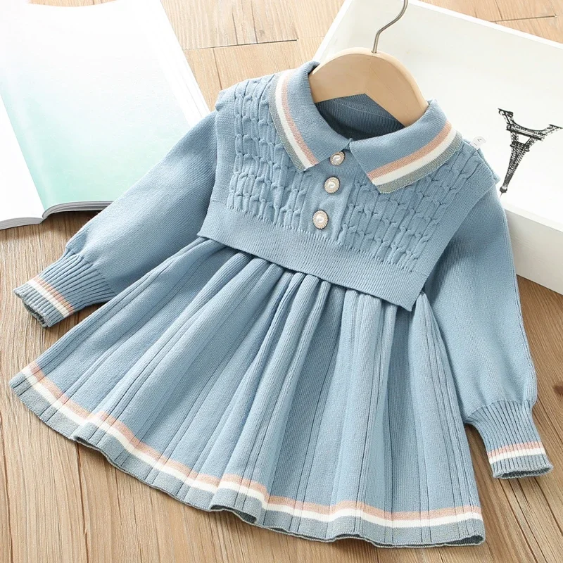 Girls Sweater Dress Autumn Winter Long Sleeve Dress+vest Kids Dresses for Girls Baby Girl Retro Knitted Princess Dress Vestidos