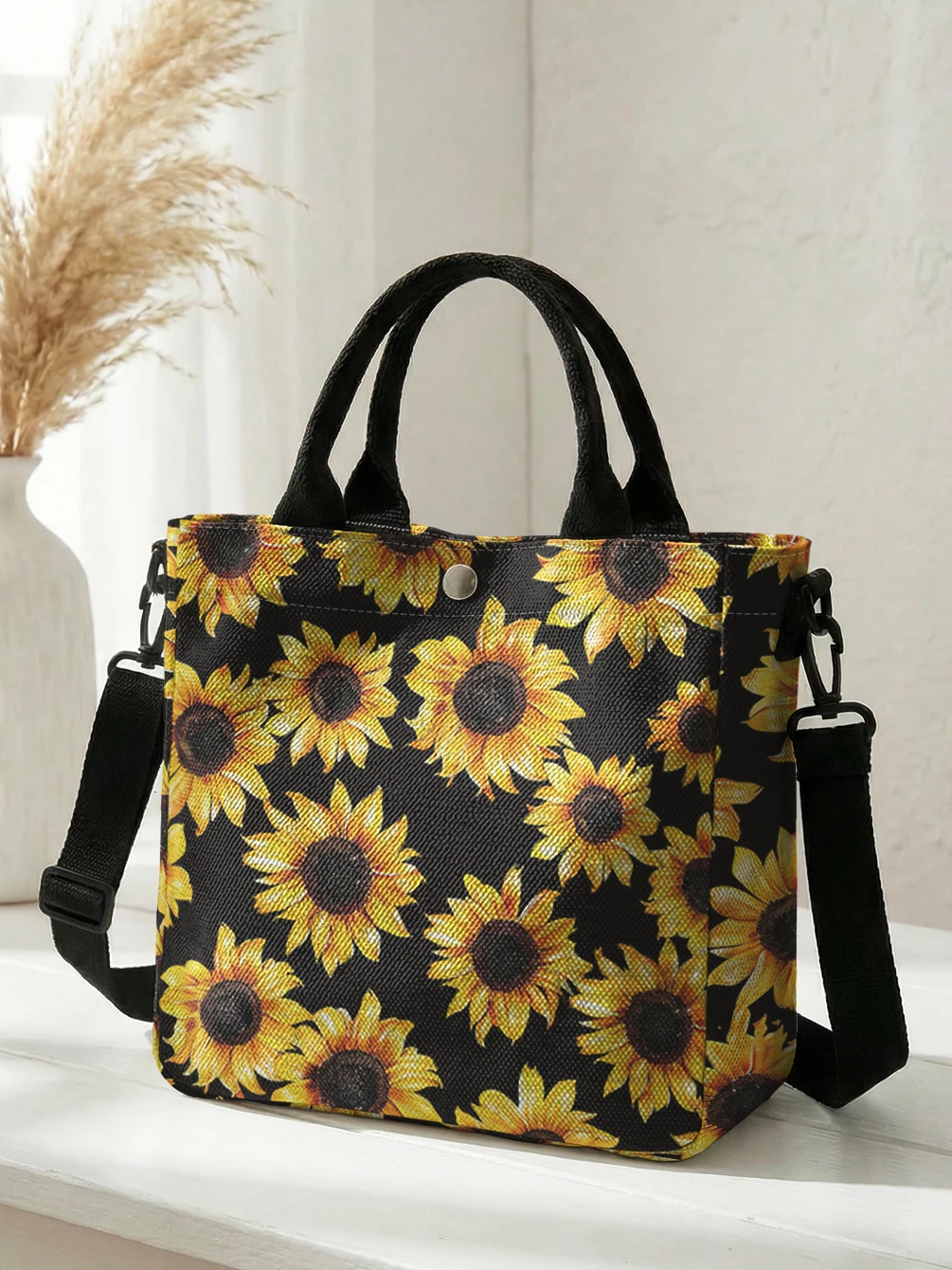Bright Sunflower Black Background Print Tote Bag Detachable Strap Crossbody Handbag For Women Daily Shopping