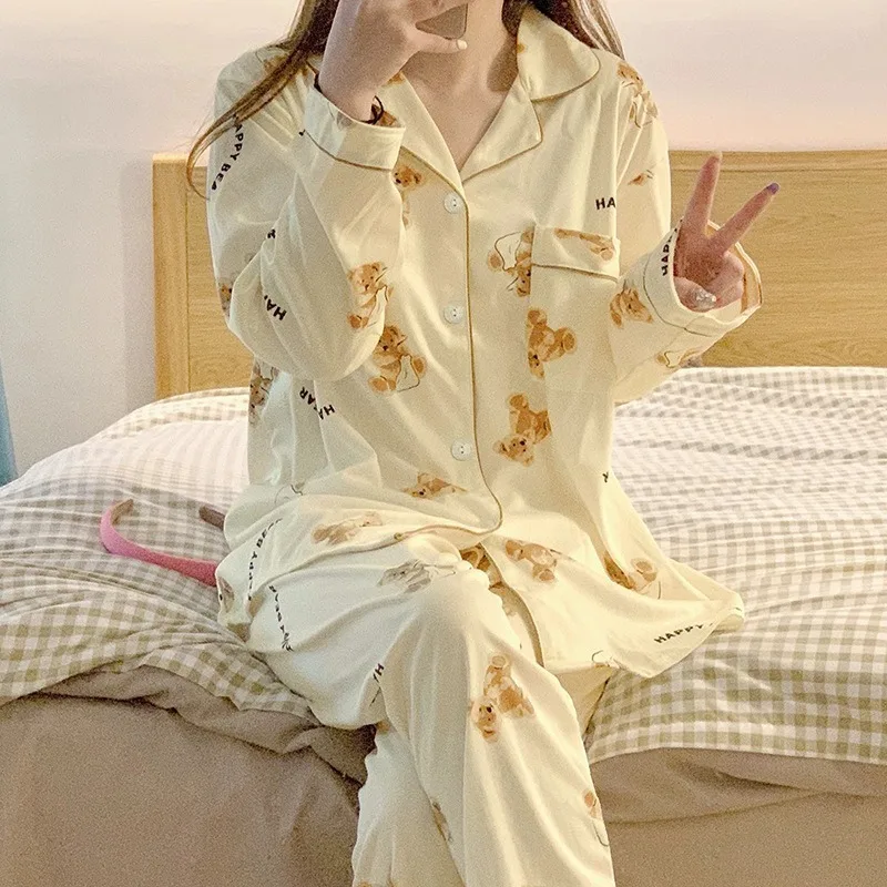 

Maternity Women Plus Size Pajamas Bear Print Loungewear Long Sleeve Trousers Breathable Soft Cardigan 2 Piece Set Pregnant Woman