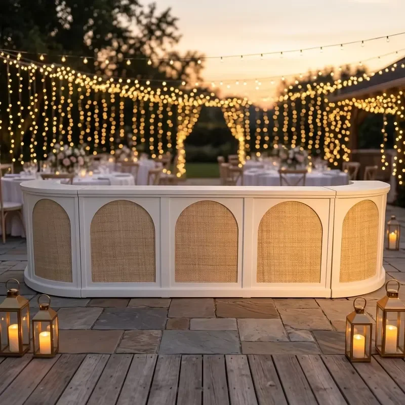 New Style Arched Solid Wooden Wedding Furniture Rental Oval Combination White Frame bar Counter for Event