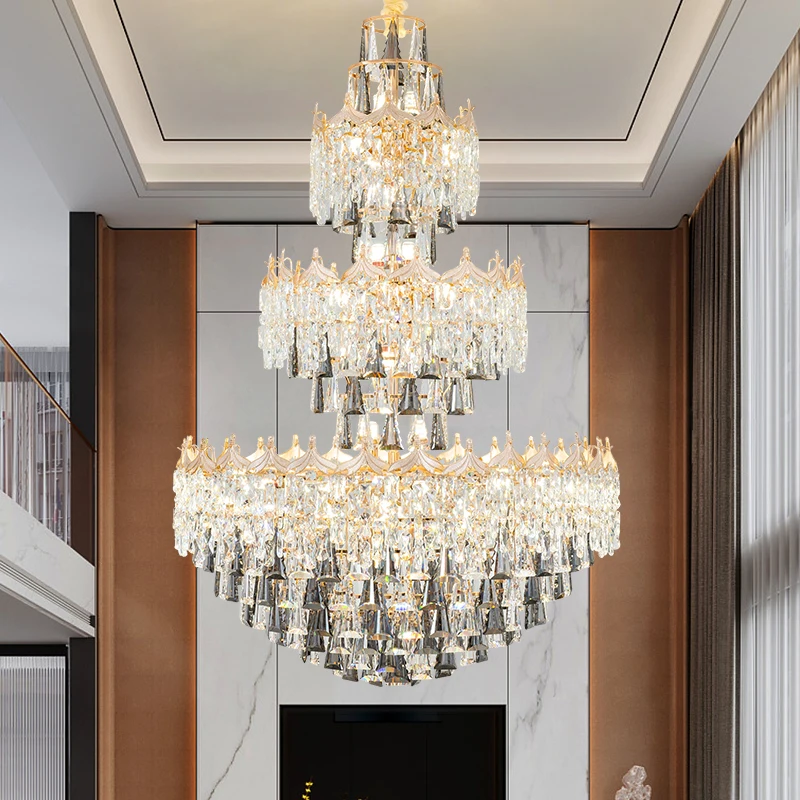 

Duplex Chandelier European Villa Simple Living Room Crystal Light Light Luxury Hotel Hall Lamps Hollow High Long Chandelier