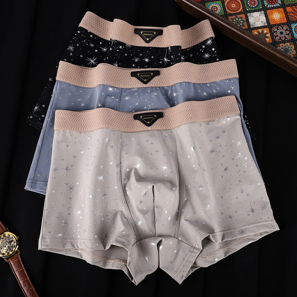 

1/3 шт. Быстросохнущие мужские трусы-боксеры из ледяного шелка с принтом снежинок, дышащие, с сетчатым карманом, высокоэластичные, для мужчин