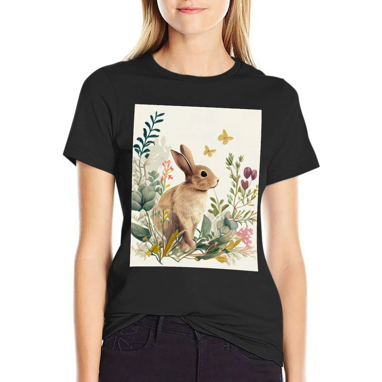 

Vintage Botanicals Easter Celebration Cute Easter Bunny T-Shirt quick-drying oversized Women's clothing