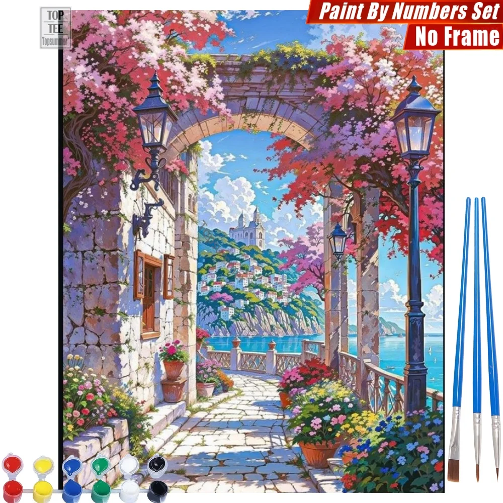 

Romantic Seaside Path DIY Painting By Number Kit - Flowers Town View Home Wall Decor Birthday Gift For Neighbor