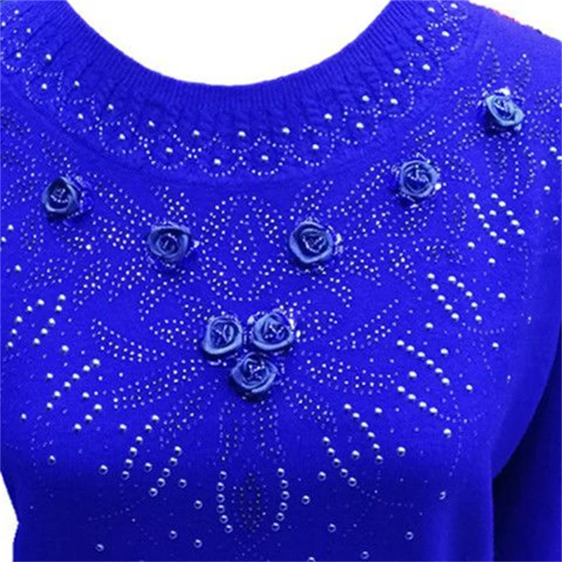 Spring Autumn Women Fashion 3D Flower Rhinestone Elegant Knitted Sweaters Ladies O Neck Long Sleeve Pullover Tops Loose Jumpers