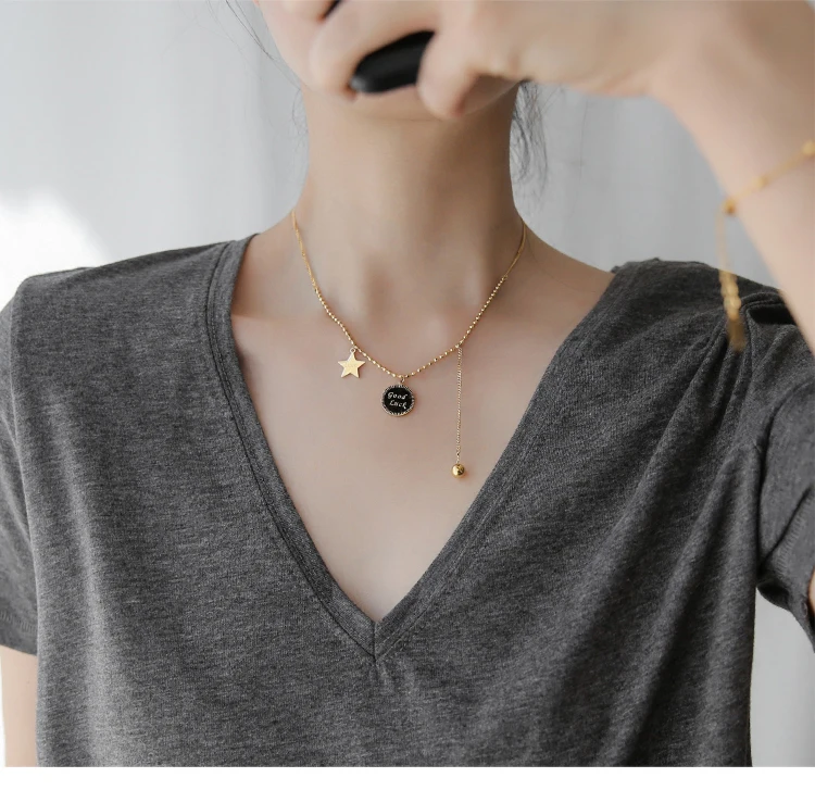 Titanium With 18K Gold Good Luck Star Choker  Necklace Women  Jewelry Designer T Show Runway Gown Rare INS Japan Korean Fashion
