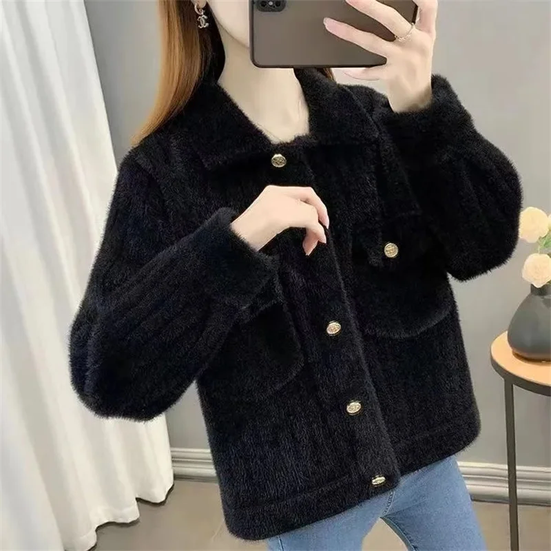 Coat Women\'s Spring Autumn 2024 New Short Mink Velvet Jacket Fashion Loose High Quality Outwear Zipper Knit Cardigan Female Tops