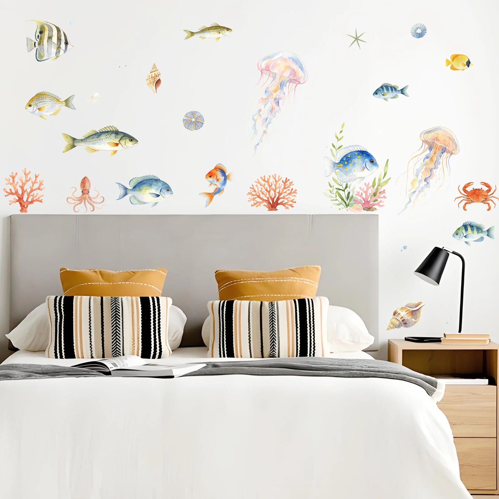 Watercolor Ocean Life Wall Decal, Assorted Fish, Jellyfish & Coral Marine Vinyl Wall Stickers for Home Decor