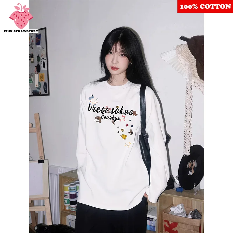 

Y2k Korean Cute Cartoon Print T-shirt Women Autumn 2025 New 100% Cotton Loose Casual long-sleeved T-shirt Tops kawaii clothes