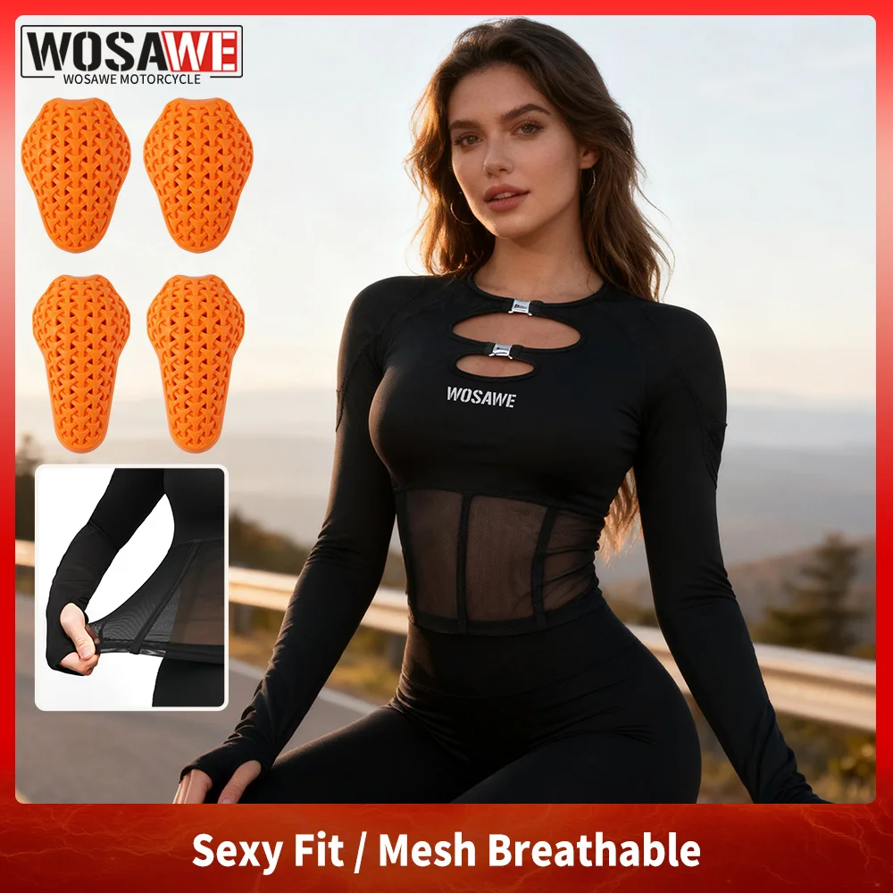 WOSAWE Women Motorcycle Jacket Sheer Motorbike Mesh Panels Shirt Removable Soft Pads Long Sleeve Cropped Jersey Sexy Yoga Wear