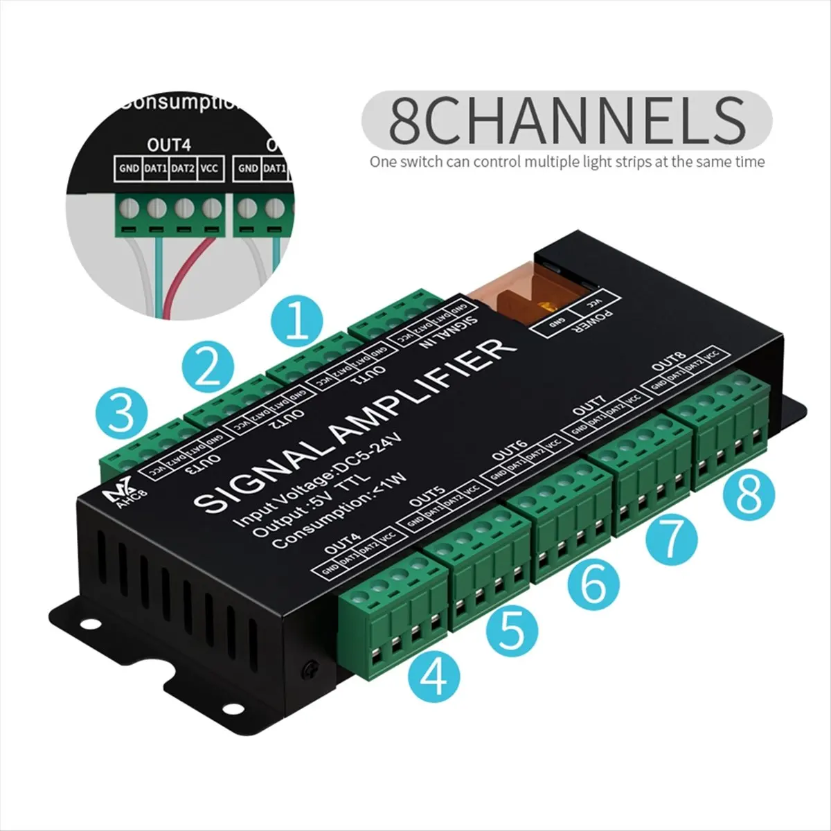 (A12R) 8CH LED Strip Signal Amplifier,WS2812 5V SPI TTL Signal Output for WS2811 WS2815 WS2813 SK6812 Pixels LED Light DC5-24V