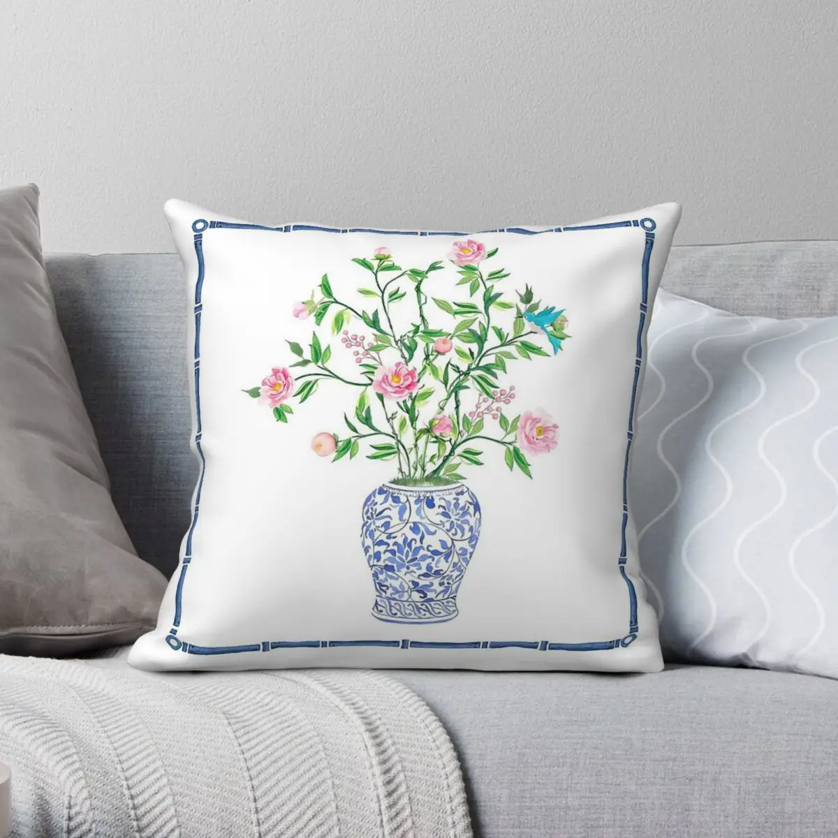 Chinoiserie Ginger Jar Bamboo Frame Square Pillowcase Polyester Linen Velvet Pattern Zip Decor Bed Cushion Case 45x45