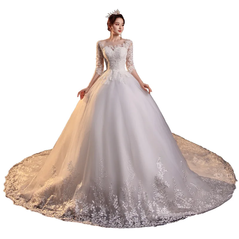 كم طويل س الرقبة فستان الزفاف الفاخرة مثير سوبر الجنية مزاجه الكرة ثوب العروس فستان الغزل السماء المرصعة بالنجوم تنورة ذيل طويل #5