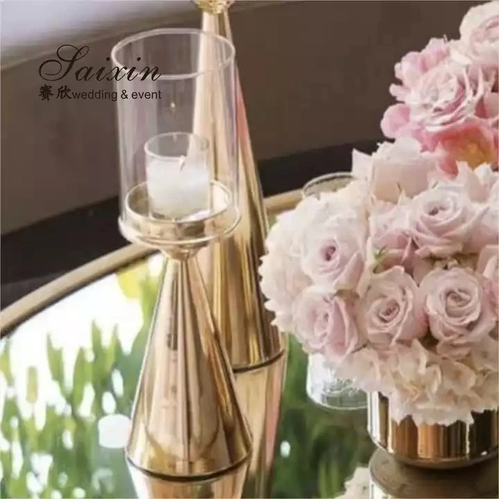 ZT- 028G  Gold plated cone candle holder set  pyramid candle holders centerpiece