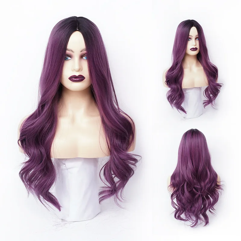 

Gradual change purple wig female long hair European and American fluffy long curly hair water ripple full head cover