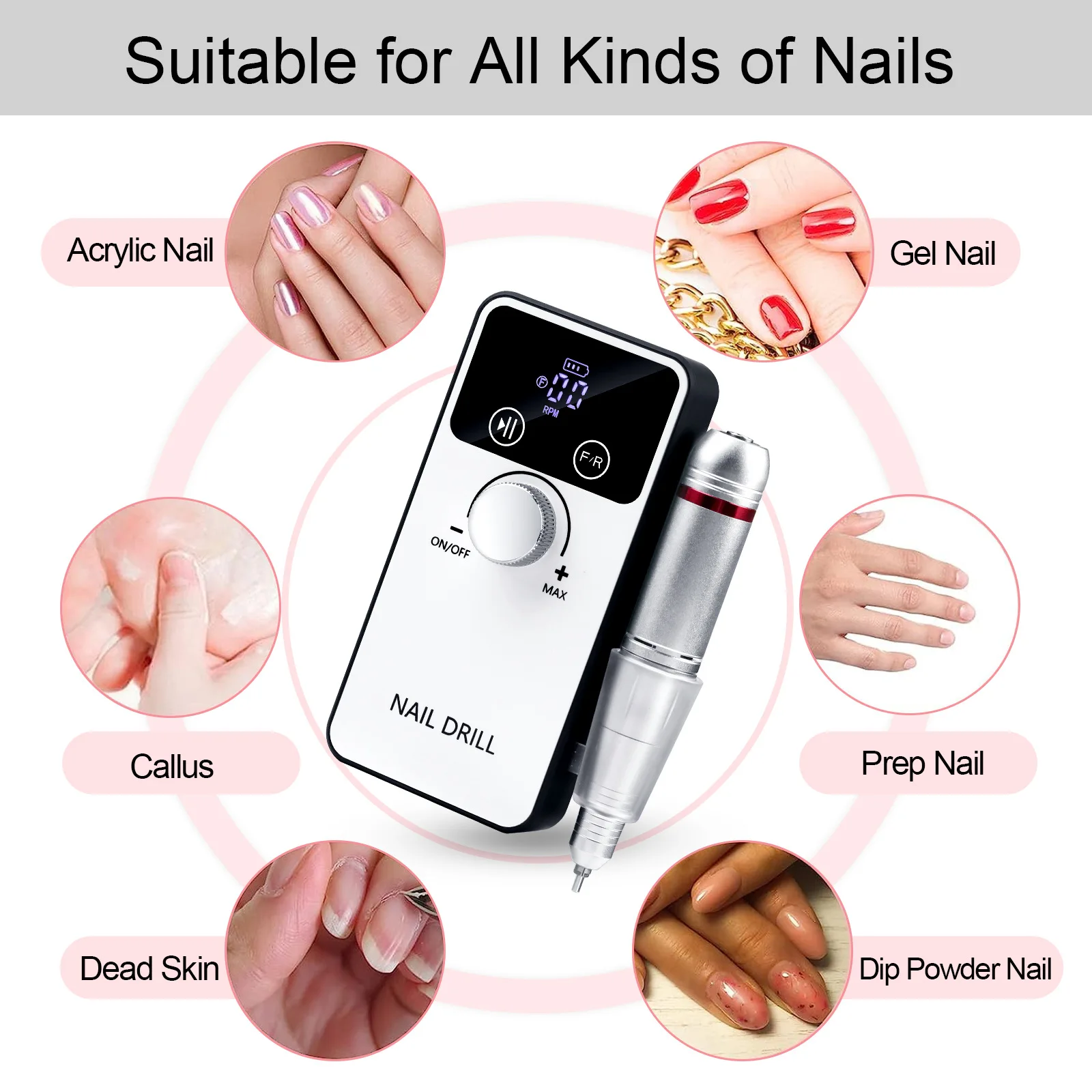 45000RPM Nail Drill Machine Electric Rechargeable Portable Nail File Manicure Tool Professional Nail Drills for Gel Nails Polish