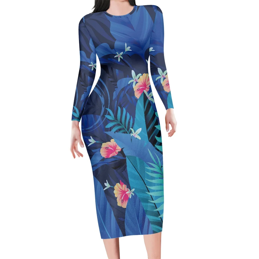 Polynesian Blue Graphic Printing Hibiscus Dress Spring Round Neck Long Sleeve Women Clothing Suitable For All Kinds Of Parties