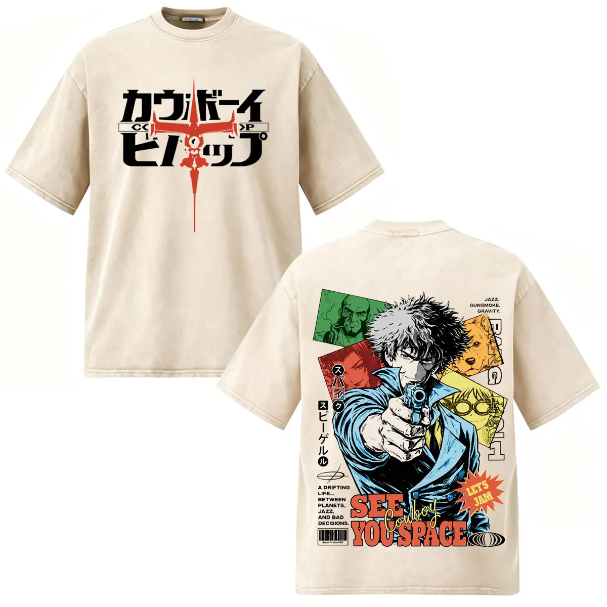 Manga Cowboy Bebop Spike Spiegel Vintage Washed T Shirt Men Women Clothing Casual Fashion Short Sleeve Oversized O-Neck T-shirt
