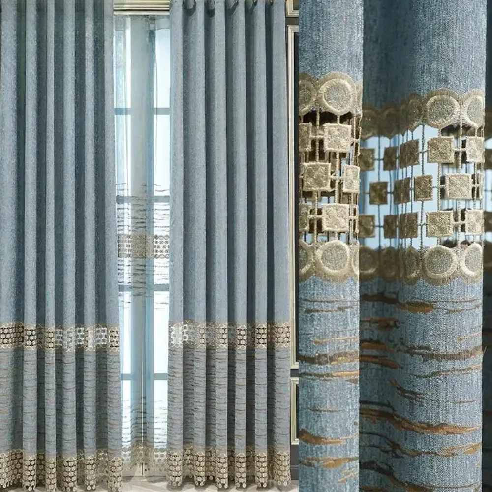

Современные синельные шторы в европейском стиле для гостиной, спальни, столовой, водорастворимые полые шторы с вышивкой, синие оконные занавески