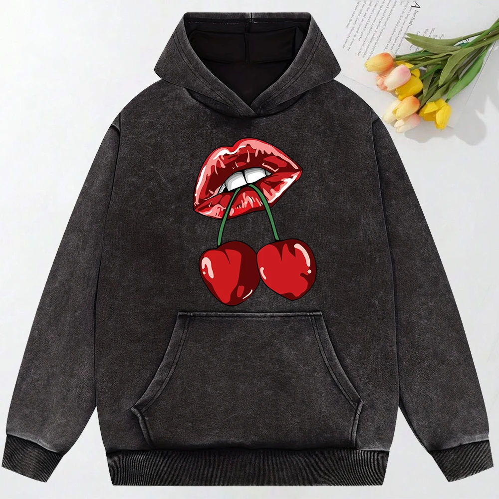 Cherries In The Mouth  Printing Women Hoody Pocket Fashion Pullover Casual Oversized Hoodie Comfortable Cotton Sweatshirt