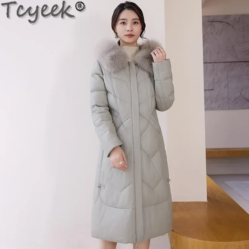 Tcyeek chaqueta de cuero genuino para mujer 2024 abrigos largos de piel de oveja ropa de mujer invierno 90% plumón de pato blanco abrigo cálido Cuello de piel de zorro