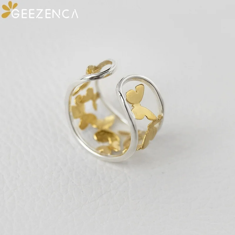 GEEZENCA 925 الفضة نحى اثنين منغم الجوف فراشة قابل للتعديل حلقة مفتوحة للنساء العصرية لذيذ بيان خواتم الحب هدية #5