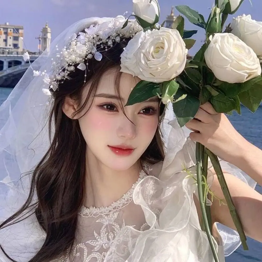

Exquisite White Flower Bride Headdress French Style Lace Bridal Headwear Wedding Elegant Photography Headband Hair Accessories