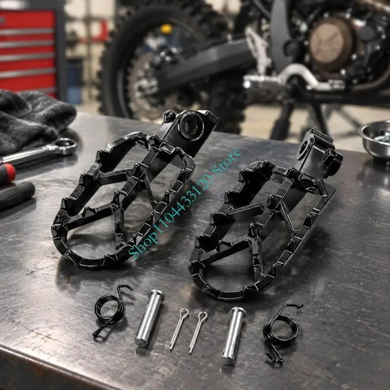 Aftermarket Foot Peg Pair for the IN10 Electric Trail Motorcycle, with Black Cast Iron Platforms, Pins, Retaining Clips, and