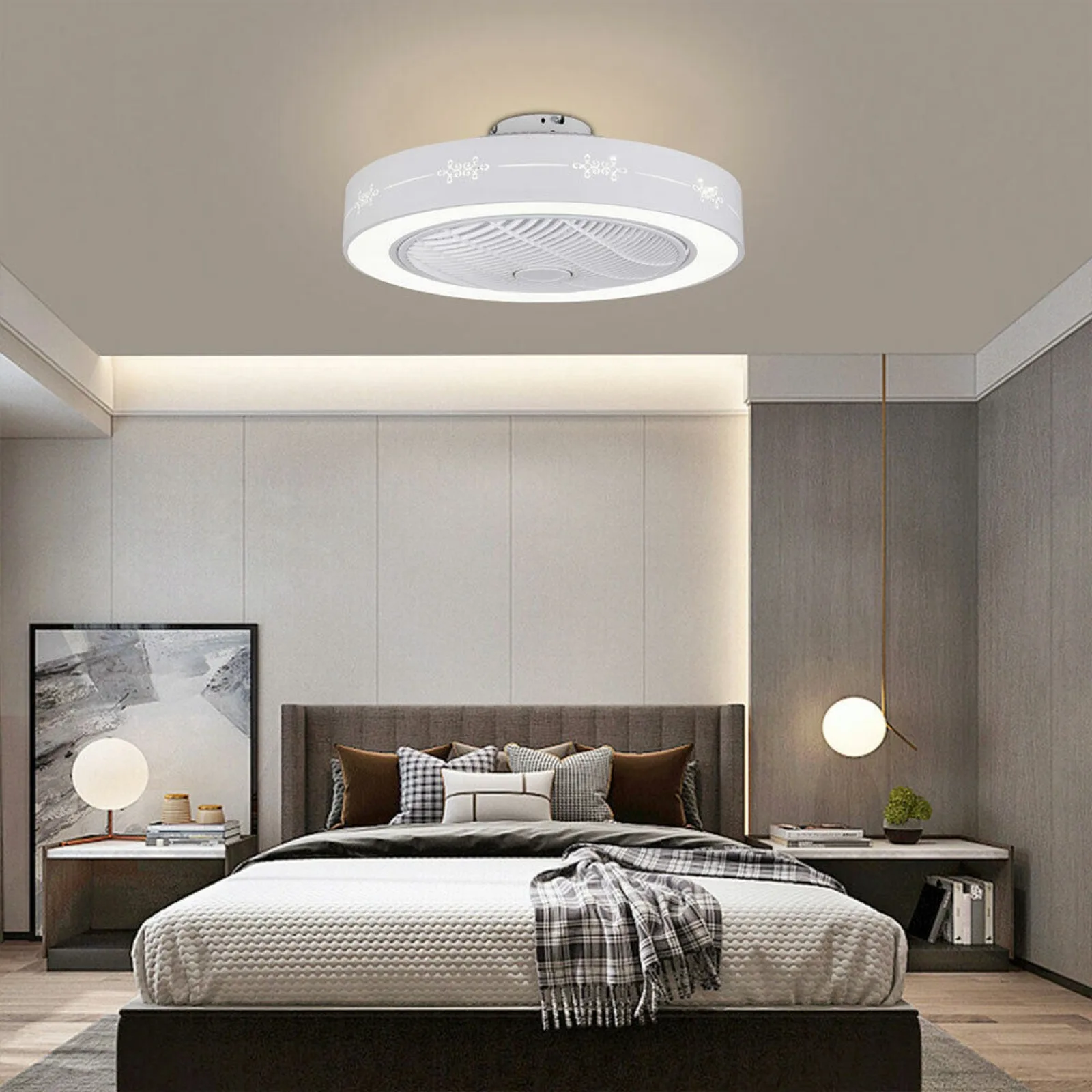 

US 23'' Dimmable LED Flush Mount Ceiling Fan Light Hanging Remote Lamp Chandelier