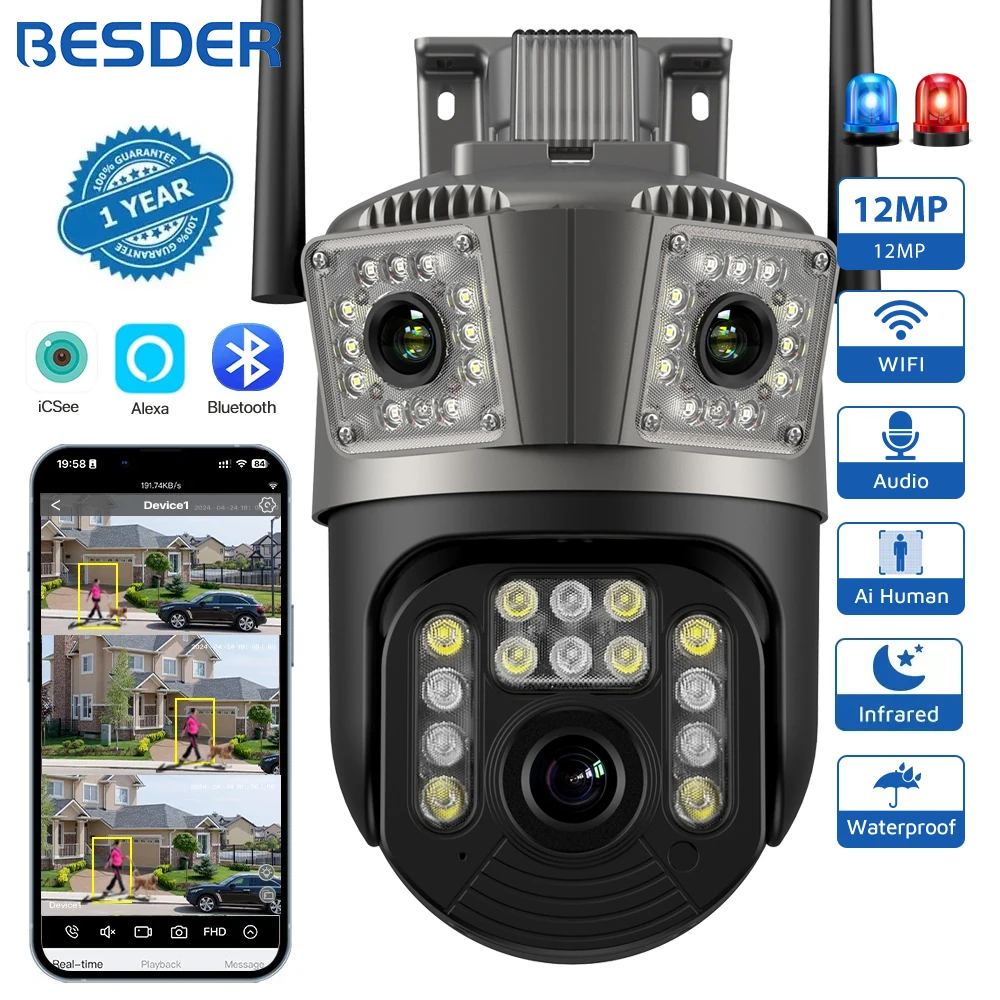 야외 자동 추적 야간 투시경 보안 보호 CCTV 감시 카메라, IP iCSee, 6K 12MP 와이파이 카메라, PTZ 3 개 화면