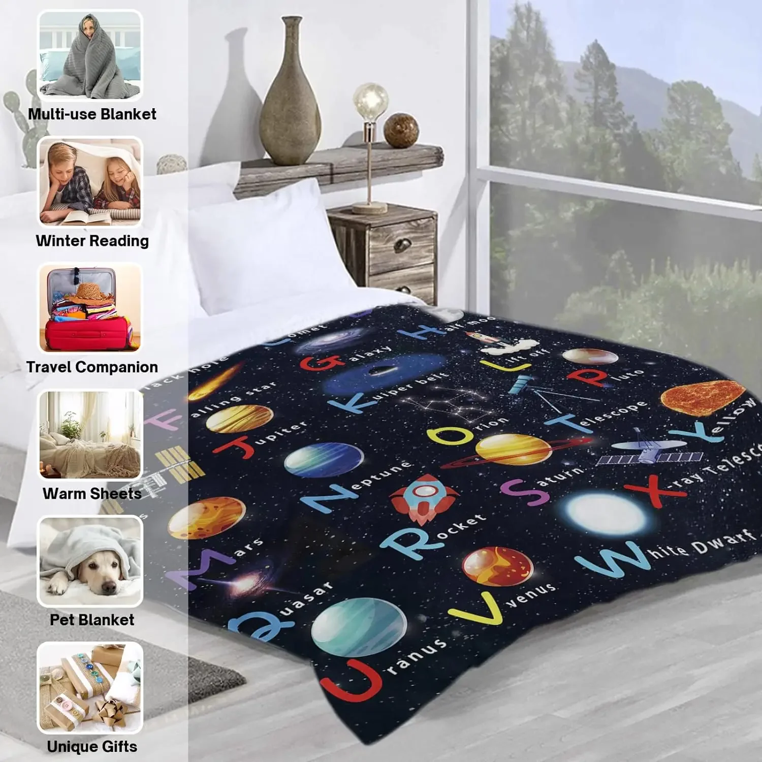 Kids Outer Space Astronaut Blanket, ABC Planet Blanket, Spaceship Rocket Blanket, Solar System Gift, Soft Flannel Blanket