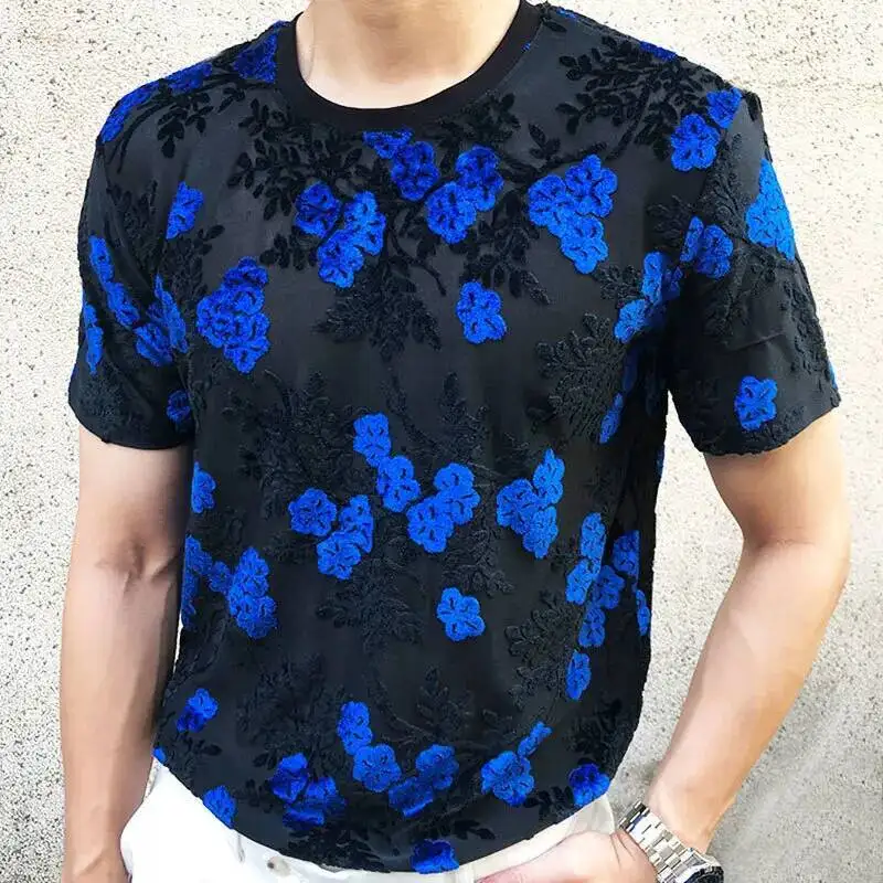 Sexy T-Shirt Met Ronde Hals Zacht Fluwelen Slanke Herenkleding Nachtclub Met Korte Mouwen, Transparant Bloemenshirt Van Topkwaliteit Doorschijnend