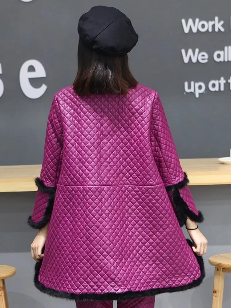 Mulheres jaqueta de couro genuíno gola solta ajuste casual quente primavera outono comprimento médio casaco senhoras do escritório elegante outerwear