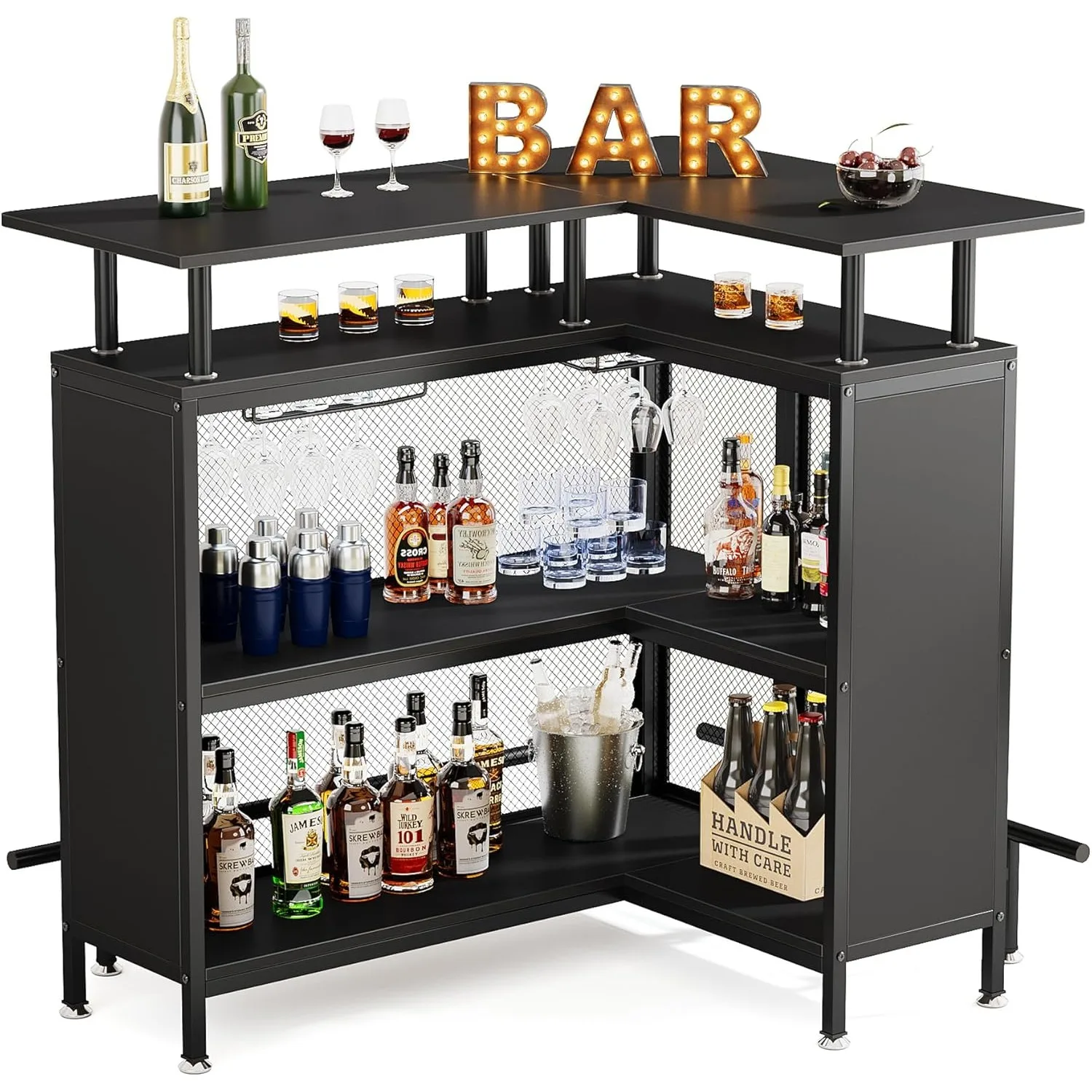 หน่วยบาร์ที่บ้าน, โต๊ะบาร์รูปตัว L พร้อมชั้นวาง Stemware และชั้นวาง 2 ชั้น, ตู้เหล้ากาแฟเข้ามุมพร้อมที่วางเท้าสําหรับบ้าน