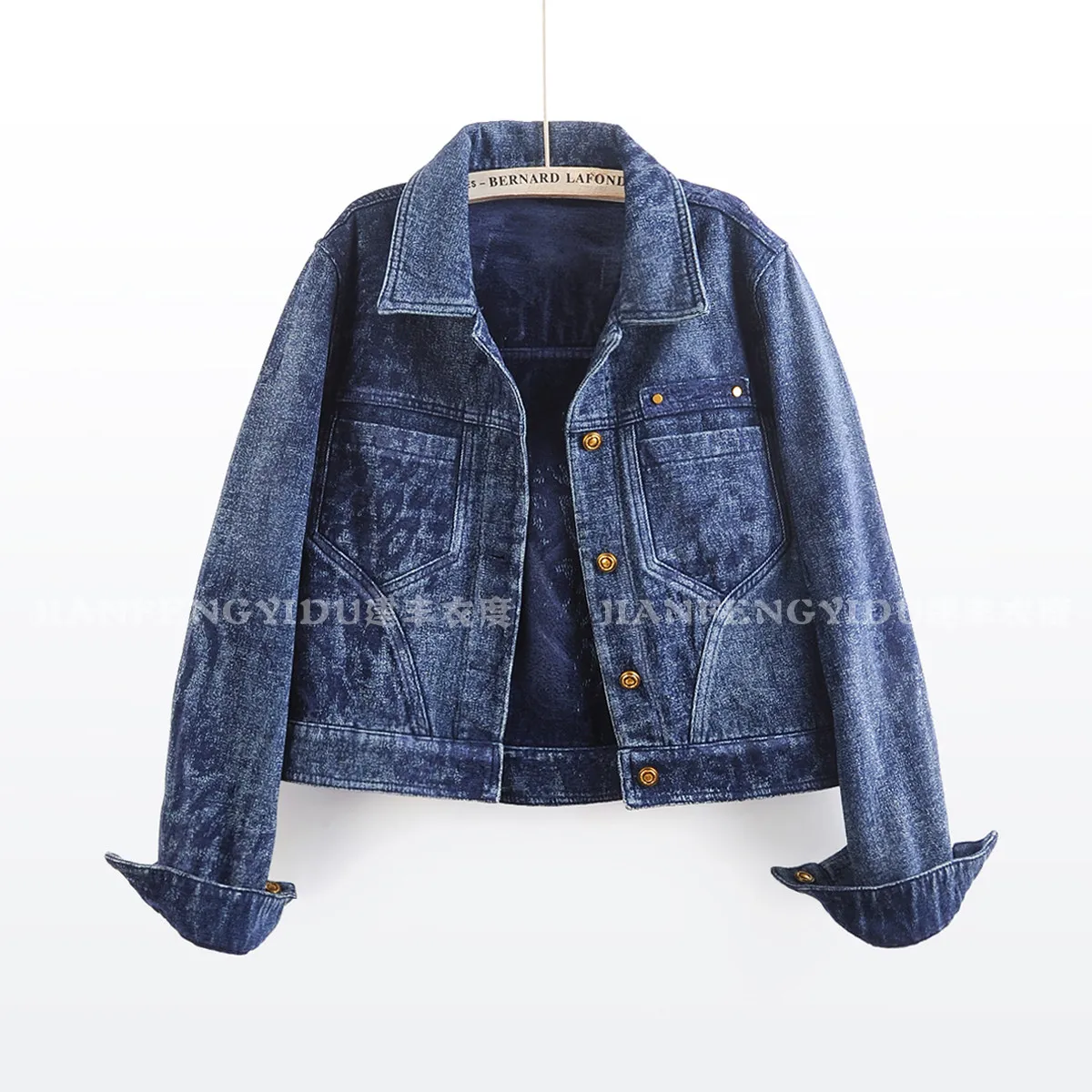 Vintage Jacquard Short Jean Jacket Coat Autumn Women Blue Light Gray Casual Loose Lapel Single-Breasted Long Sleeve Denim Jacket