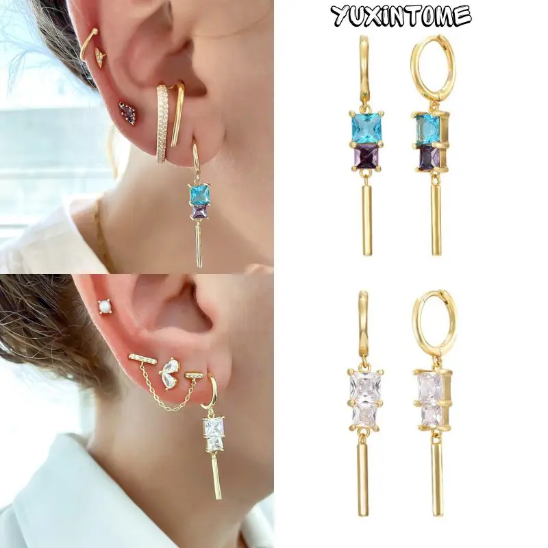 925 Sterling Silver Needle Square Zircon Long Tube Pendant Hoop Earrings for Women White/Black Gold Earrings Personality Jewelry